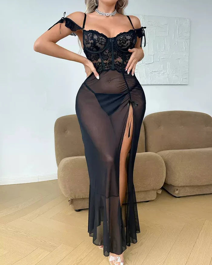 Nuisette longue en dentelle transparente à épaules dénudées pour femme