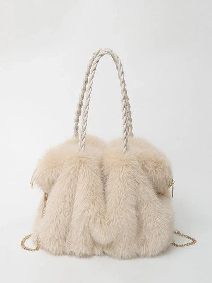 Sac cabas bandoulière en fausse fourrure avec anse tressée pour femme