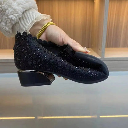Chaussures à enfiler automnales pour femmes, en maille pailletée et à talon épais