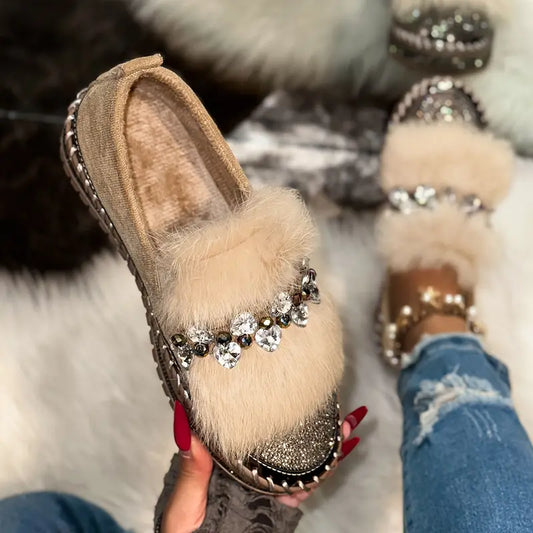Mocassins de luxe pour femmes, en fourrure et paillettes, confortables