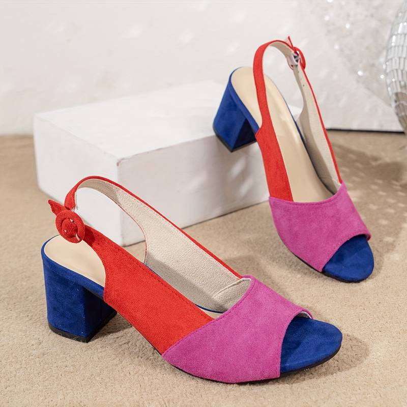 Sandales à talons carrés et bride arrière bicolores pour femmes