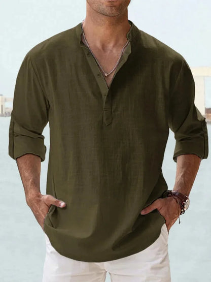 Chemise décontractée à col Henley et manches longues en coton pour homme