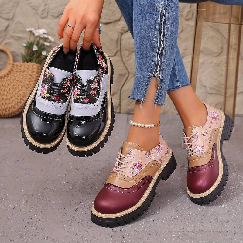 Chaussures à lacets à motif floral pour femmes, style brogue, à semelle épaisse