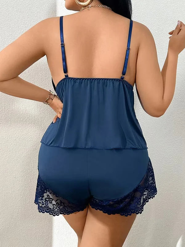 Ensemble Pyjama Caraco Bordé de Dentelle pour Femme