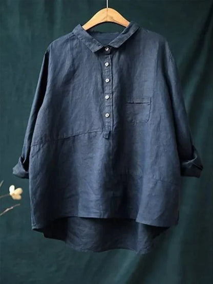 Chemise décontractée à revers multicolore en coton et lin pour femme