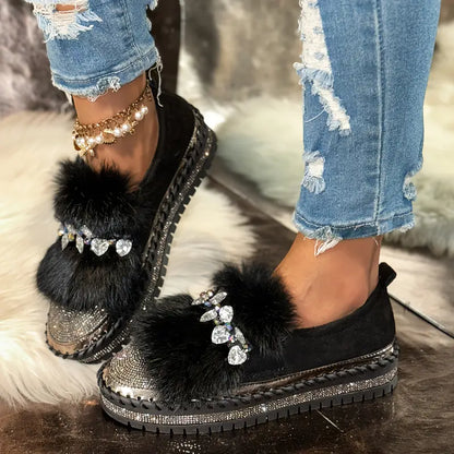 Mocassins de luxe pour femmes, en fourrure et paillettes, confortables