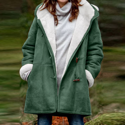 Manteau à capuche en velours pour femme avec boutons en corne