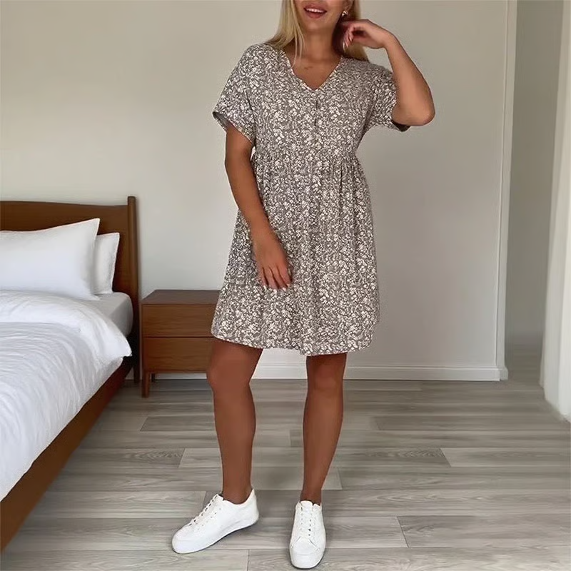 Robe décontractée à manches courtes et col en V pour femme