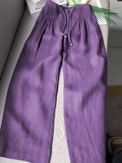 Pantalon large plissé à cordon de serrage pour femme, en coton et lin