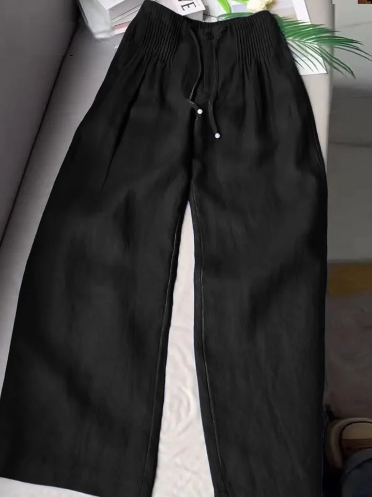 Pantalon large plissé à cordon de serrage pour femme, en coton et lin