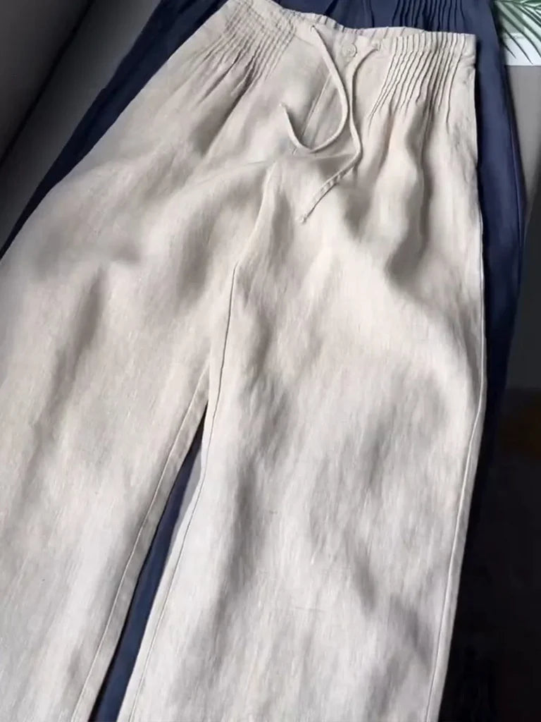 Pantalon large plissé à cordon de serrage pour femme, en coton et lin