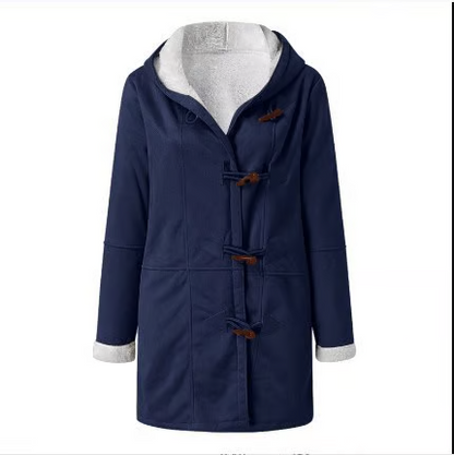 Manteau à capuche en velours pour femme avec boutons en corne