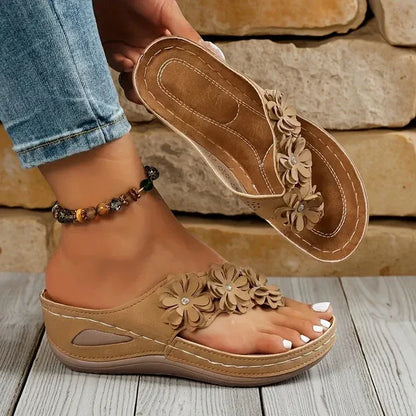 Sandales Tongs Compensées Fleuries pour Femme
