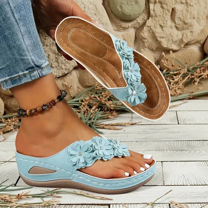 Sandales Tongs Compensées Fleuries pour Femme