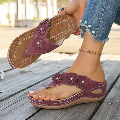Sandales Tongs Compensées Fleuries pour Femme