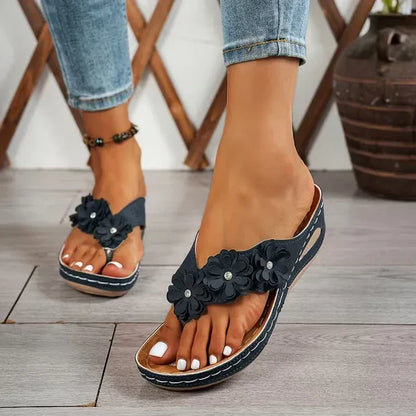 Sandales Tongs Compensées Fleuries pour Femme