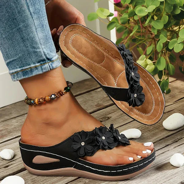 Sandales Tongs Compensées Fleuries pour Femme
