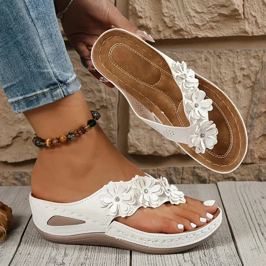 Sandales Tongs Compensées Fleuries pour Femme