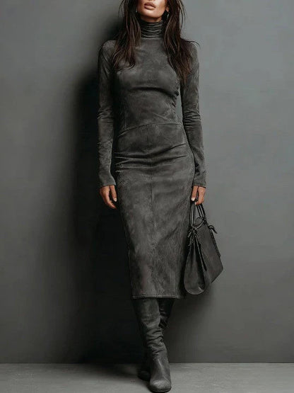 Robe midi à col montant et manches longues effet daim pour femme