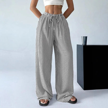 Pantalon rayé à jambes larges et cordon de serrage pour femme