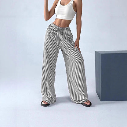Pantalon rayé à jambes larges et cordon de serrage pour femme
