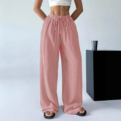 Pantalon rayé à jambes larges et cordon de serrage pour femme