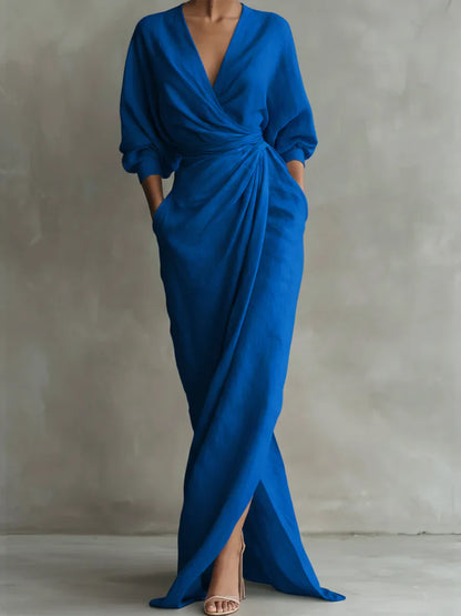 Robe portefeuille extra longue en lin et coton pour femme