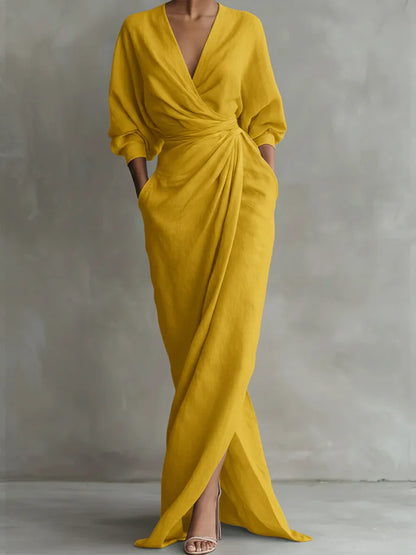 Robe portefeuille extra longue en lin et coton pour femme