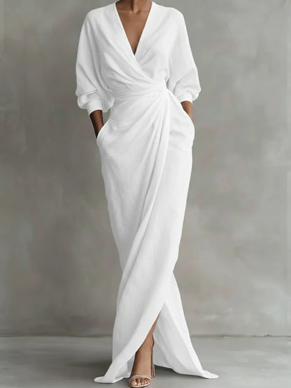 Robe portefeuille extra longue en lin et coton pour femme