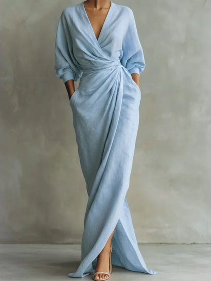 Robe portefeuille extra longue en lin et coton pour femme