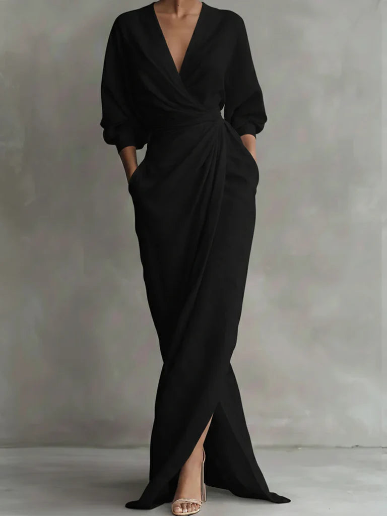 Robe portefeuille extra longue en lin et coton pour femme