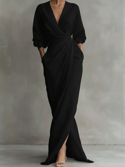 Robe portefeuille extra longue en lin et coton pour femme