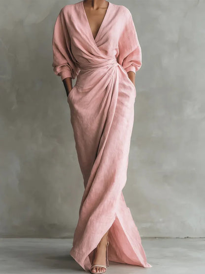 Robe portefeuille extra longue en lin et coton pour femme