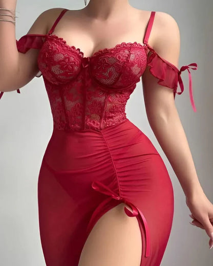 Nuisette longue en dentelle transparente à épaules dénudées pour femme