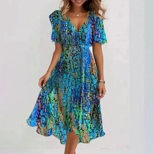 Robe midi à manches courtes et col en V à imprimé floral pour femme