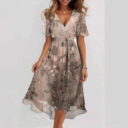 Robe midi à manches courtes et col en V à imprimé floral pour femme