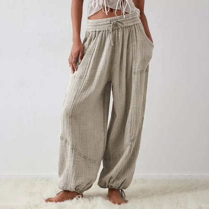 Pantalon décontracté pour femme à jambes larges élastiques avec poches