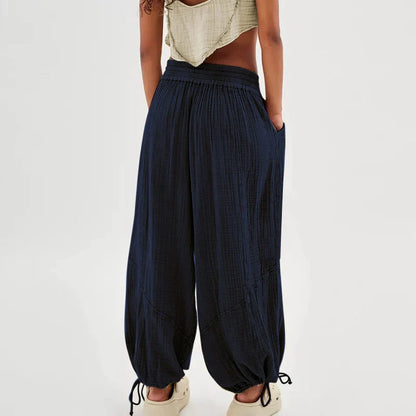 Pantalon décontracté pour femme à jambes larges élastiques avec poches