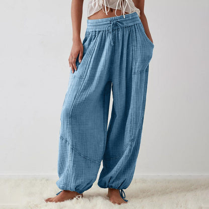 Pantalon décontracté pour femme à jambes larges élastiques avec poches