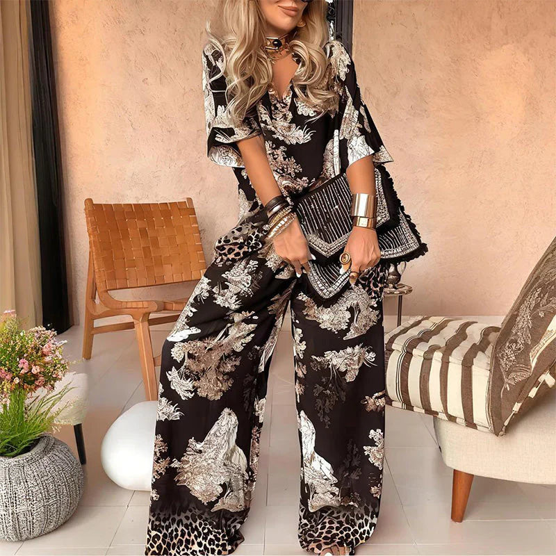 Ensemble haut imprimé à col en V et pantalon large pour femme