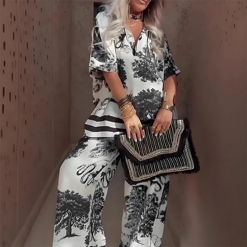Ensemble haut imprimé à col en V et pantalon large pour femme