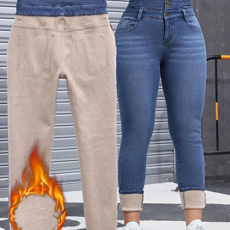 Pantalon en denim chaud et confortable pour femme avec doublure polaire
