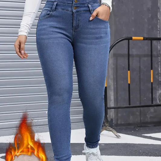 Pantalon en denim chaud et confortable pour femme avec doublure polaire