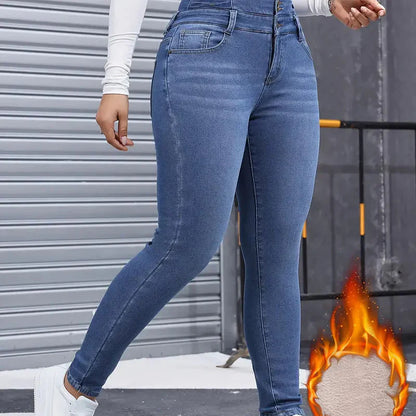 Pantalon en denim chaud et confortable pour femme avec doublure polaire
