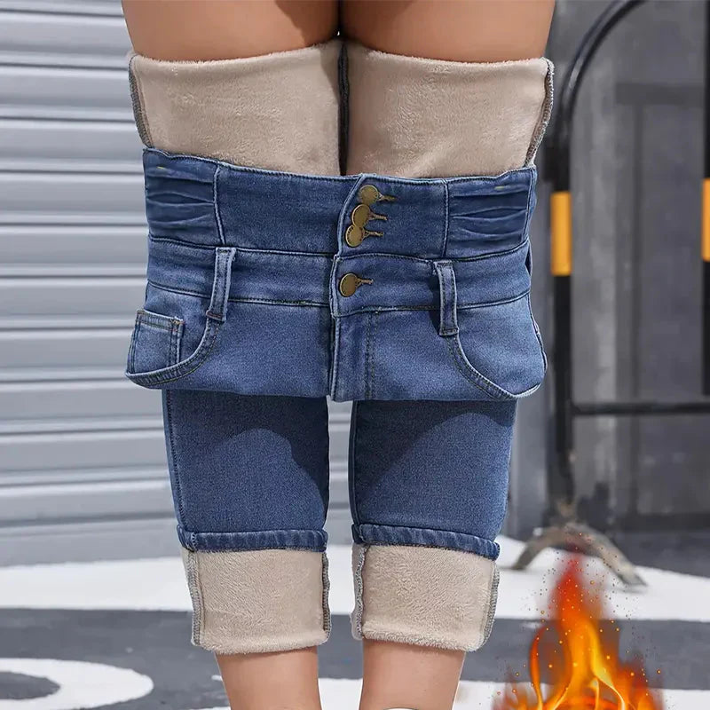 Pantalon en denim chaud et confortable pour femme avec doublure polaire