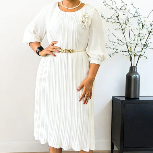 Robe midi plissée à manches 3/4 pour femme, avec ceinture à nouer