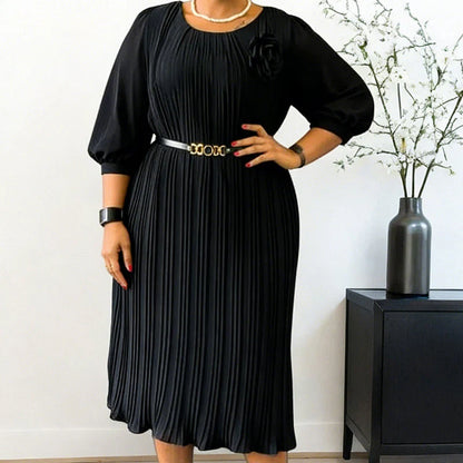 Robe midi plissée à manches 3/4 pour femme, avec ceinture à nouer