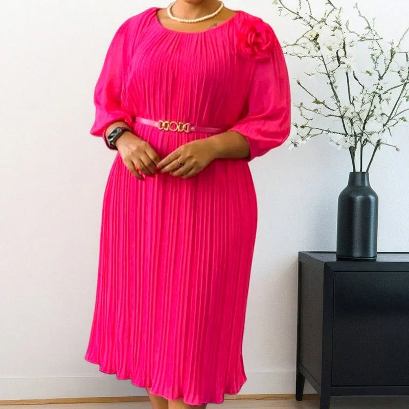 Robe midi plissée à manches 3/4 pour femme, avec ceinture à nouer