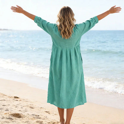 Robe midi empire à col en V et poches pour femme