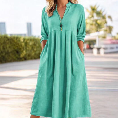 Robe midi empire à col en V et poches pour femme